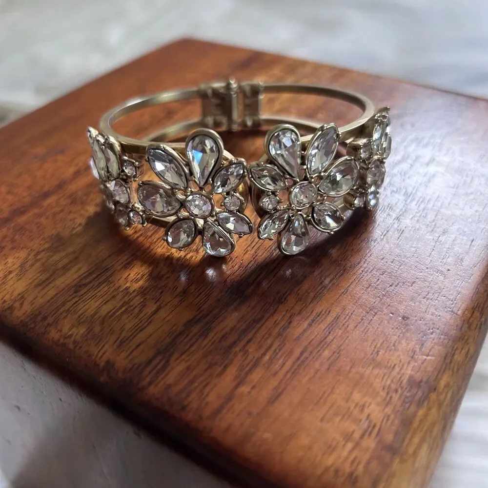 Gold Tone Floral Crystal Hinged Bracelet Rhinestone Flower Cluster Cuff - Picture 2 of 9